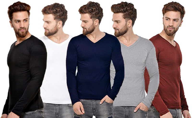the archer Solid Men V-neck Multicolor T-Shirt(Pack of 5)