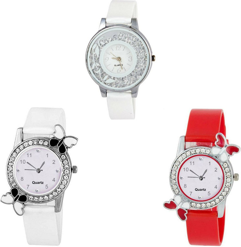 vk sales White & Blue & Red Exclusive Collection of Watch |Combo of 3 Watch | Butterfly Design With Diamond | Analogue Quartz Watch | Diamond Case | Multicolor Ordinary Rubber Belt | Blue & White Dial | Party & Wedding Wear Analog Watch  - For Girls