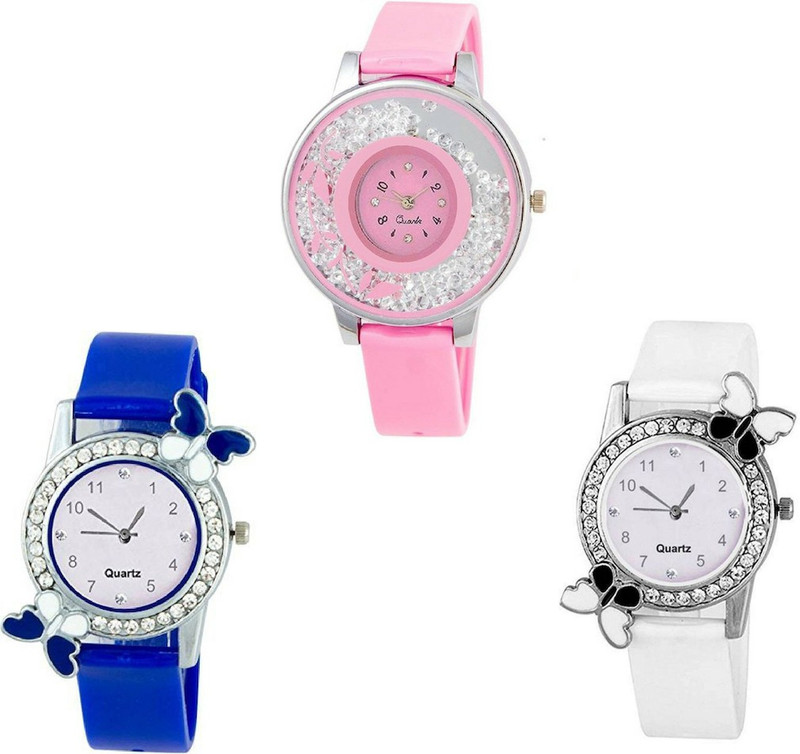 vk sales Pink & Blue & White Exclusive Collection of Watch |Combo of 3 Watch | Butterfly Design With Diamond | Analogue Quartz Watch | Diamond Case | Multicolor Ordinary Rubber Belt | Blue & White Dial | Party & Wedding Wear Analog Watch  - For Girls