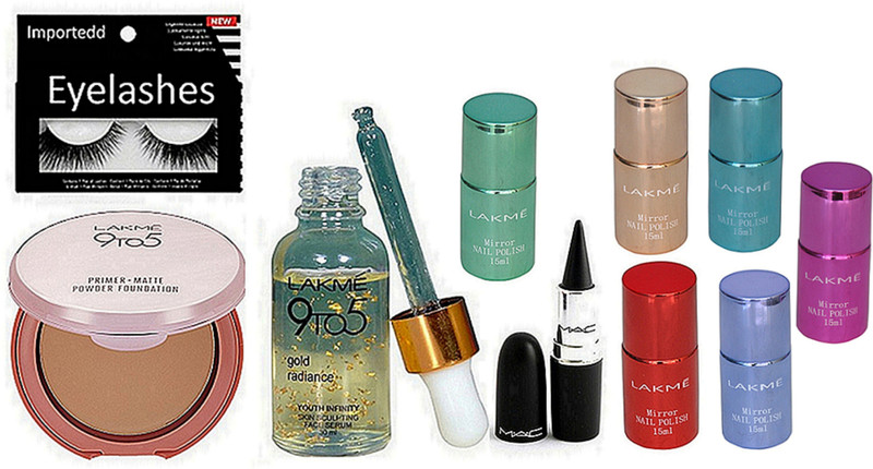 importedd eyelashes, serum,primer matte powder foundation,stick kajal,mirror nail paint pack of6(Set of 10)