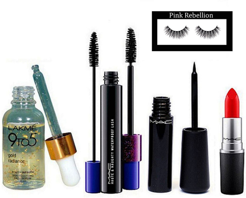 pink rebellion Eyelashes, Haute & Naughty Dobule Effect Waterproof Mascara, Liquid Eyeliner, Matte Lipstick & Serum(Set of 5)