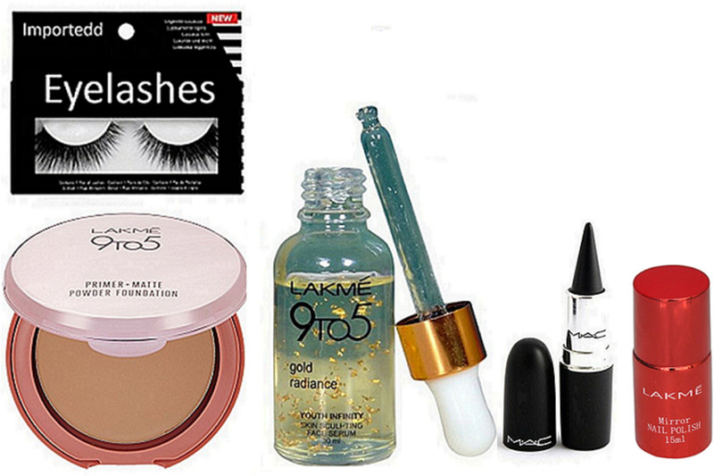 importedd eyelashes, serum,primer matte powder foundation,stick kajal,mirror nail paint(Set of 5)