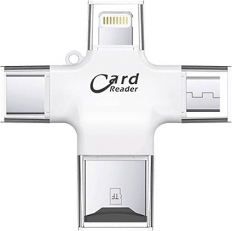 Triangle Ant ® Portable Mini OTG Card Reader Four ports (4 in 1) : lightning + Type C + Micro USB + USB Card reader - Like Iflash, Idisk for Iphone, Ipad, Micro USB, SDHC lightning flash drive Card Reader(White)