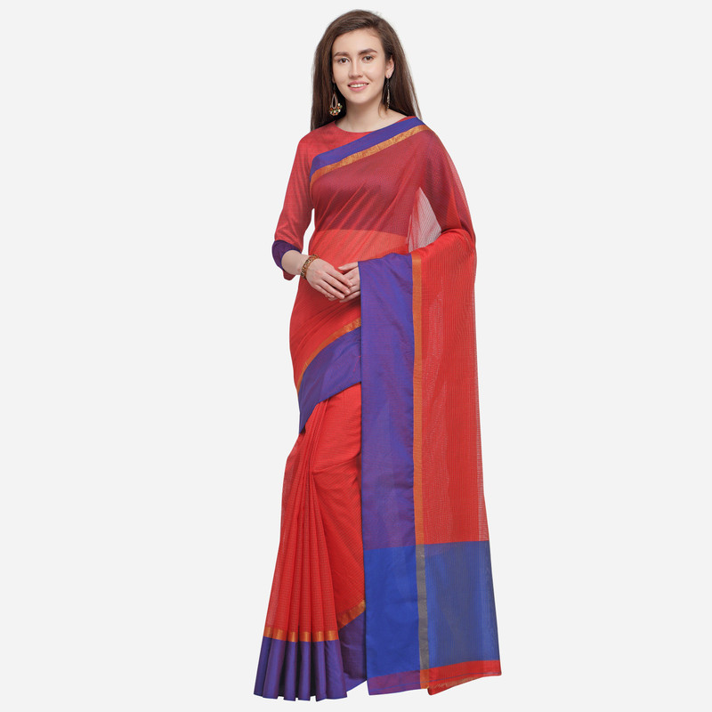 sarvagny clothing Color Block Daily Wear Cotton Linen Blend Saree(Red)