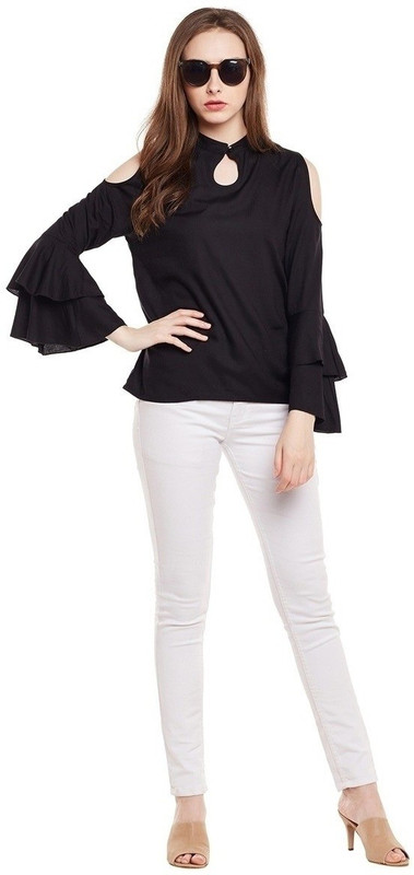 ozylafab Party Cold Shoulder Solid Women Black Top