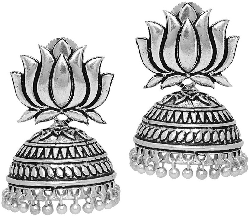 mystigo Jhumkas Style Spring Sparkle Blooming Lotus Silver Oxidised Indo Western Latest Floral Jhumkis Earrings Collection Brass Jhumki Earring