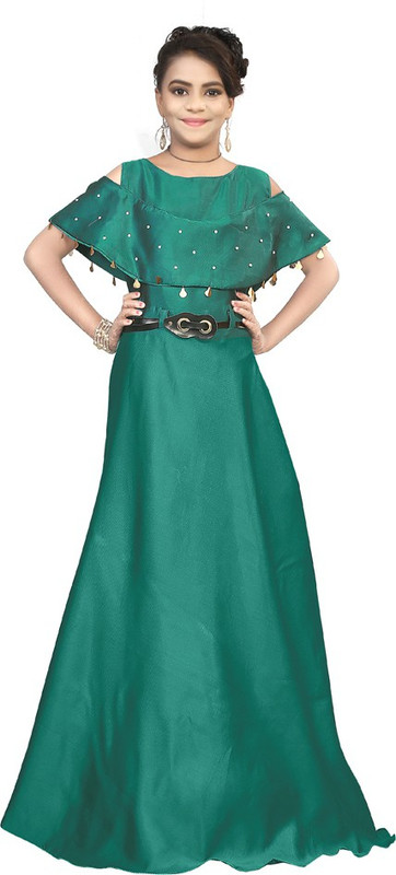 satyamfab Girls Maxi/Full Length Party Dress(Dark Green, Sleeveless)