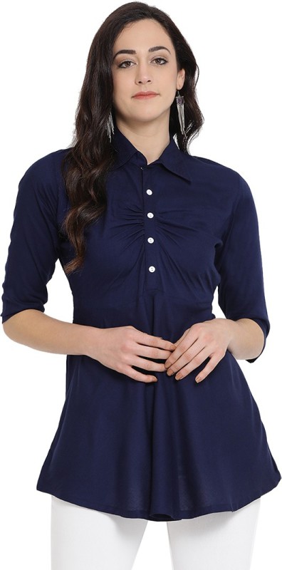Grozis Casual 3/4 Sleeve Solid Women Blue Top