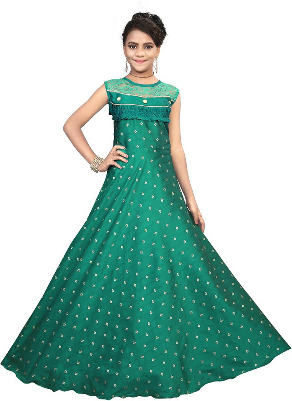 satyamfab Girls Maxi/Full Length Party Dress(Dark Green, Sleeveless)