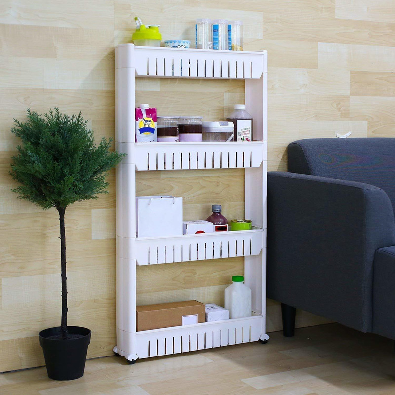 yes kitchen Multipurpose And Versatile 4 Tier Slim Side Rack Shelf With Wheels For Kitchen,/Bathroom/Living Room Storage Solution 4 Plastic Kitchen Rack(White)