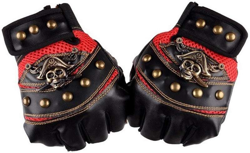 ShivExim Men Women Leather Skull Motorcycle Biker Fingerless Gloves Riding Gloves Driving Gloves (Free Size, Red)