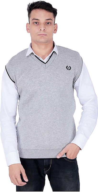alnik Solid V-neck Casual Men Grey Sweater