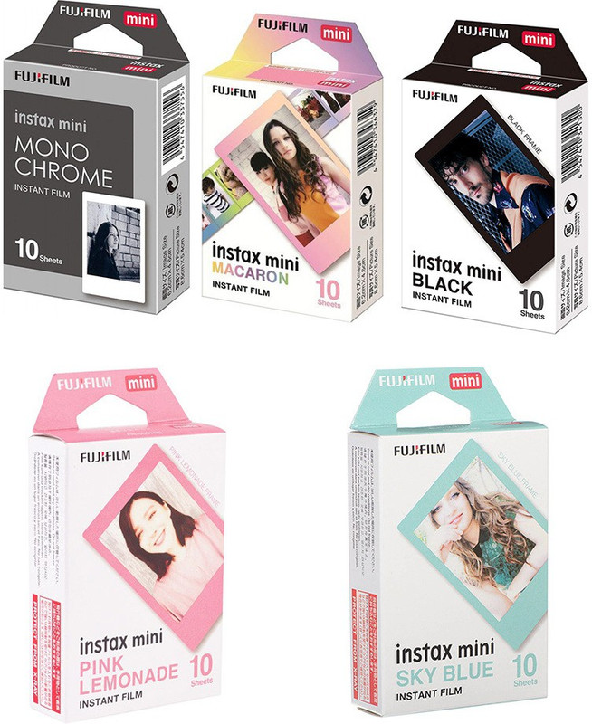Fujifilm Instax Mini Macaron ,Monochrome ,Black Border, Sky Blue, Pink Lemonade 50 Shots Instant Film Roll(Yes 800 ISO Pack of 5)