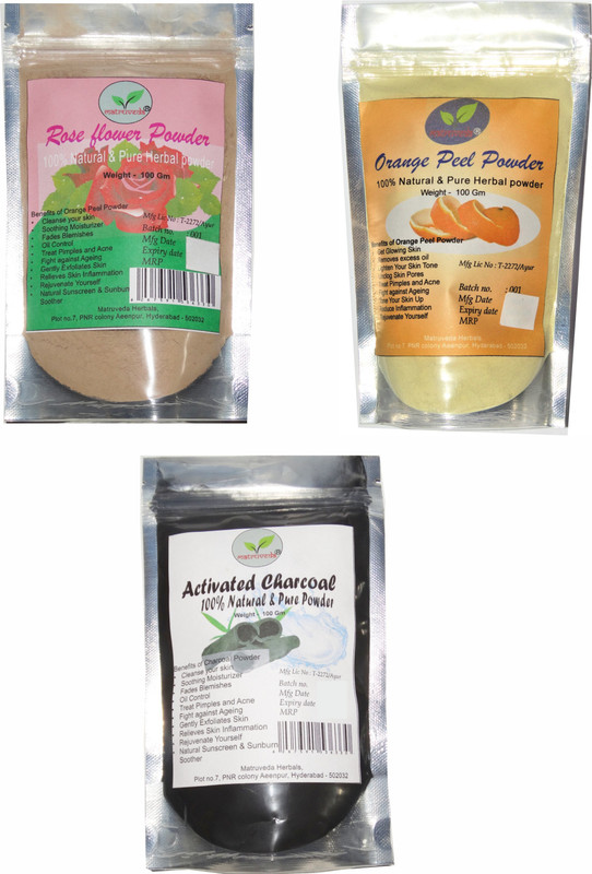 matruveda 100% pure & Natural facepack 3 in 1 combo - Activated Charcoal powder 100gm, Orange peel 100gm & Rose flower powder 100gm(300 g)