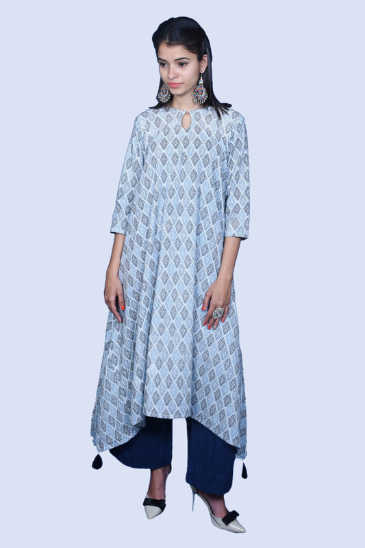 anak Women Printed Trail Cut Kurta(White, Blue)