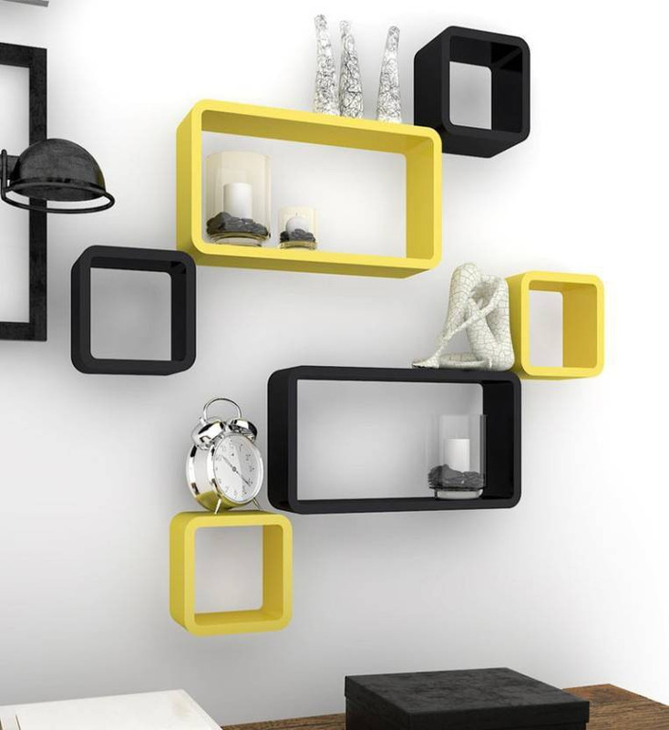 khan handicrsfts WOODEN WALL SHELF CUBE SHELF MDF (Medium Density Fiber) Wall Shelf(Number of Shelves - 6, Yellow, Black)