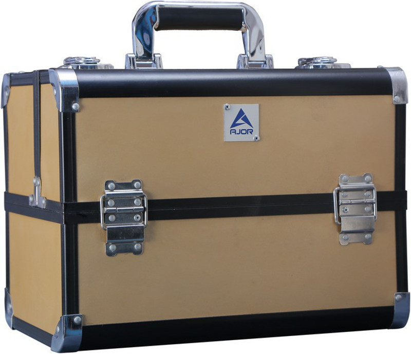 AJOR Neo PVC 27.5 cms Vanity Bridal Beauty Makeup Cosmetic Aluminium Case S0034 Golden Makeup, Makeup & Jewelerry , Cosmetics, Beauty Vanity Box(Golden)