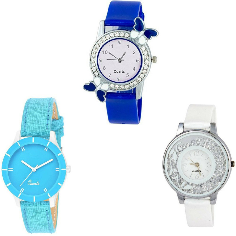 exotica Blue & White New Exclusive Watch | Combo Of 3 Watch | Fancy Cut Glass Watch | Quartz Analogue Watch | Stylish Designer Watch | Simple Case | Leather & Rubber Belt | Cute Dail | Casual | Party & Wedding Wear Analog Watch  - For Girls