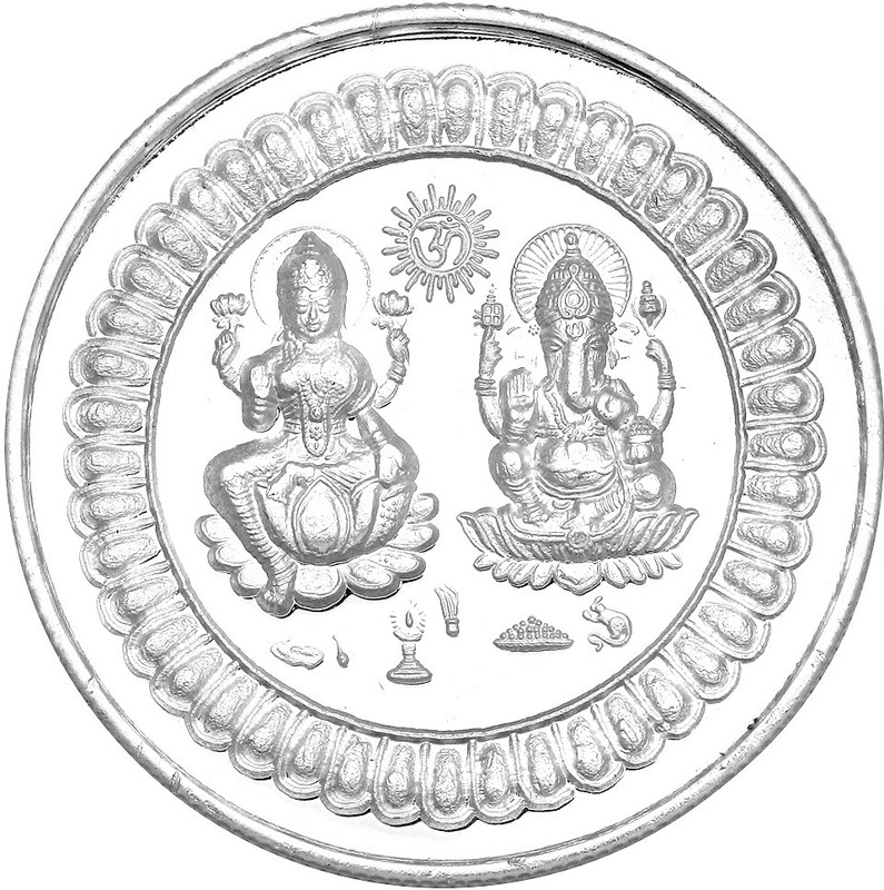 ijuels 999 Purity BIS Hallmarked and Certified Laxmi Ganesh Swastik Embossed Round Pure Silver Coin (10 g) Temper Proof Pack of 1 10 grams silver coin S 999 10 g Silver Coin