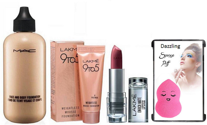 dazzling Sponge Puff, Face & Body Foundation, Water weight Mousse Foundation With Enrich Lipstick (Set of 4)(Set of 4)