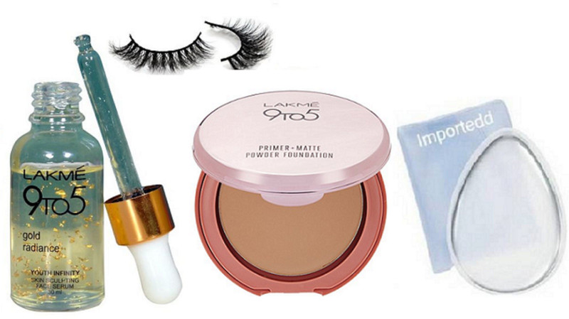 importedd silicon puff,eyelashes,lakme 9to5 serum,primer matte powder foundation(Set of 4)
