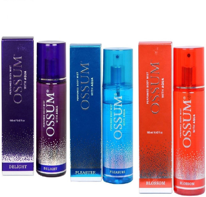ossum Body Mist Delight+Body Mist Blossom+ PLEASURE BODY PERFUME MIST 115ml pack of 3 Deodorant Spray  -  For Men & Women(340 ml, Pack of 3)