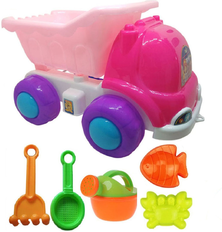 IndusBay Pull Along Dump truck with Beach Toy Set for kids - sand Castle Tools Shovel Rack water Bucket & Moulds for kids(Multicolor)