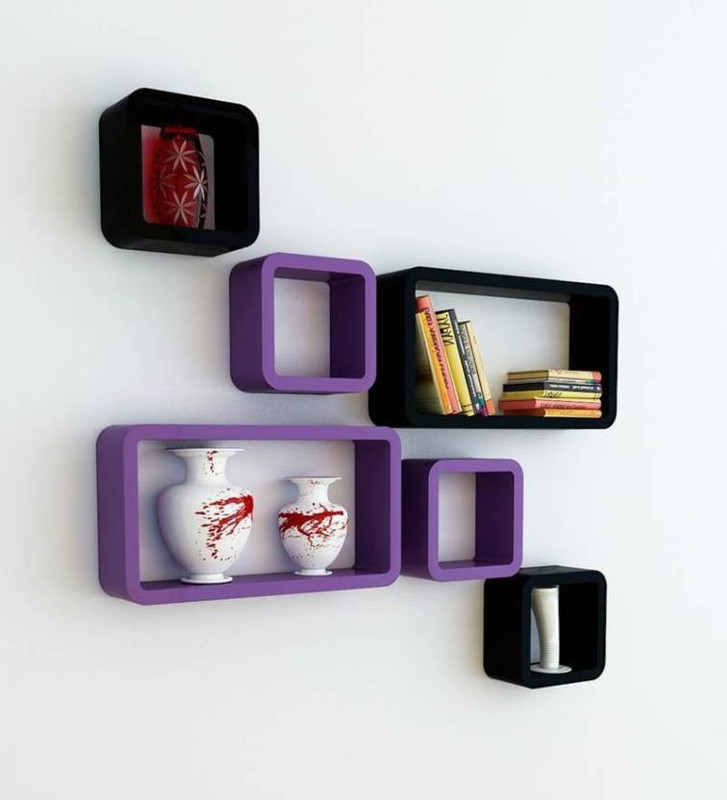 khan handicrsfts WOODEN WALL SHELF CUBE SHELF MDF (Medium Density Fiber) Wall Shelf(Number of Shelves - 6, Black, Purple)