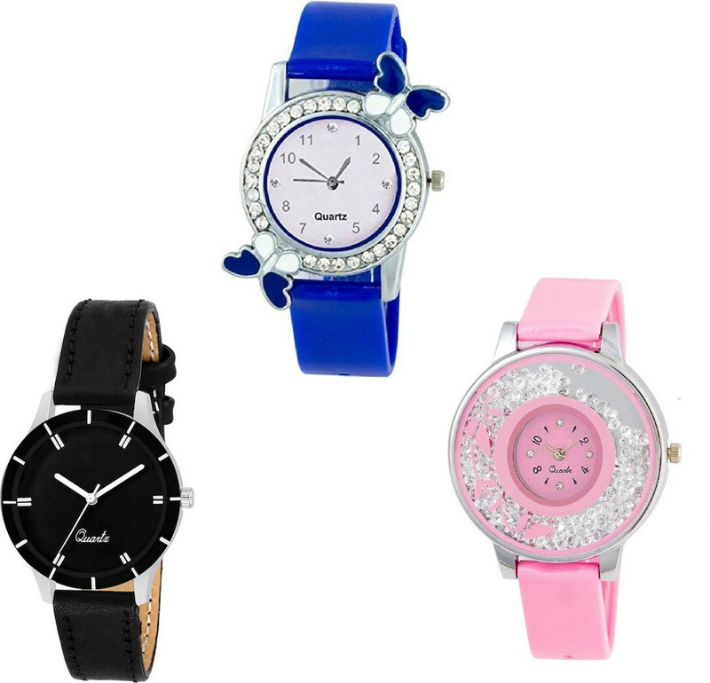 exotica Blue & Black Glory & Pink Diamond New Collection of Watch | Combo Of 3 Watch | Amazing Glass Watch | Quartz Analogue Watch | Stylish Body | Simple Case | Multicolor Leather & Rubber Belt | Beautiful Dail | Casual | Party & Wedding Wear Analog Watch  - For Girls