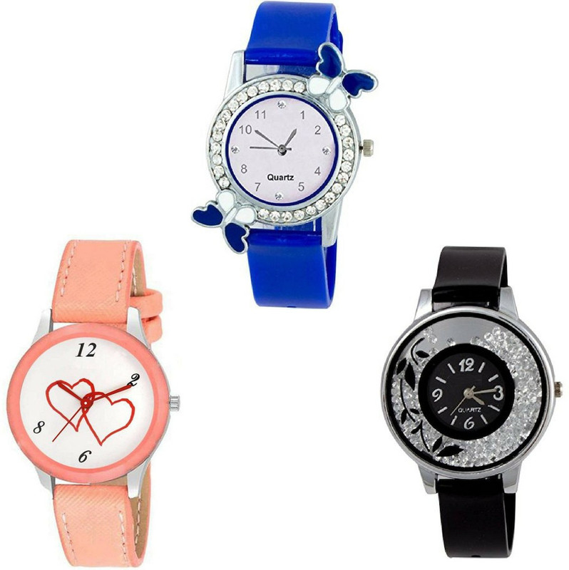 exotica Blue & Orange & Black Butterfly & Black & Orange New Collection Watch | Combo Of 3 Watch | Fancy Glass Watch | Quartz Analogue Watch | Stylish Watch | Simple Case | Leather & Rubber Belt | Fancy Dail | Casual | Party & Wedding Wear Analog-Digital Watch  - For Girls