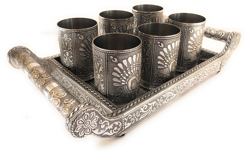 navrang Oxidized Latest Serving Tray , Wooden Serving Tray, Tray Serving Set, Handicraft Tray Glass Tray Set(Wood, Aluminium, Steel)