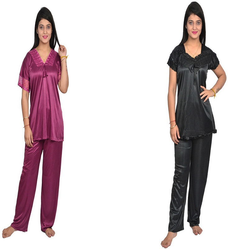 hex rex Women Solid Purple, Black Top & Pyjama Set