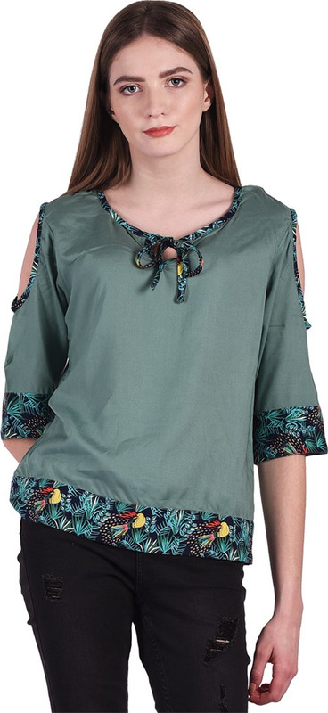 bonarsh Casual Cold Shoulder Printed Women Green, Blue Top