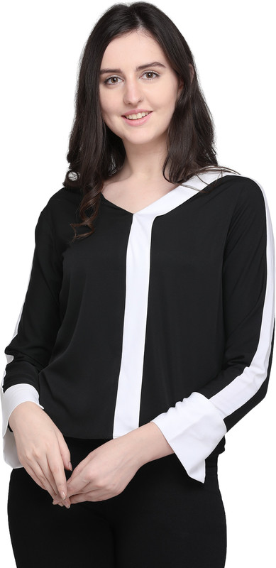 Booskot Casual Full Sleeve Color Blocked Women Black Top