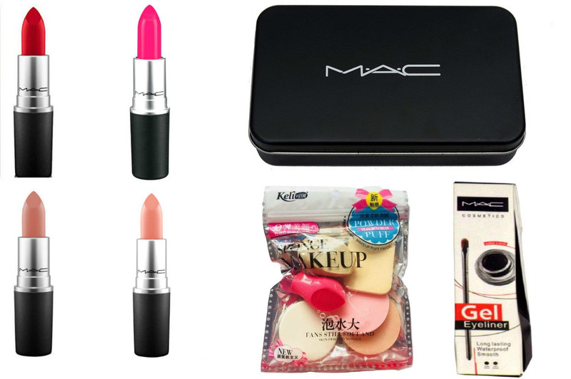 keli professional makeup combo kit ( matte lipsticks, gel eyeliners, makeup foundation sponge set and makeup brush set )(Set of 7)
