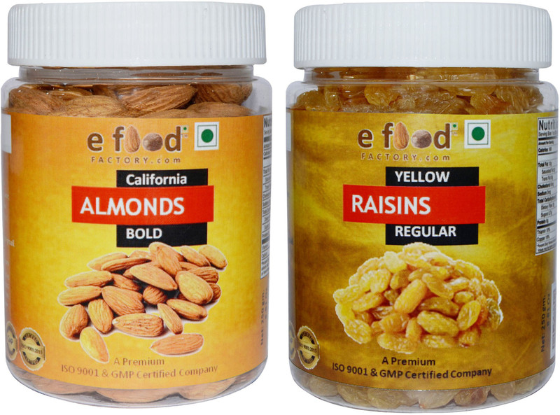 e food factory Almonds Bold & Yellow Kishmish Regular (250gm Each) In Pet Jar Almonds, Raisins(2 x 250 g)