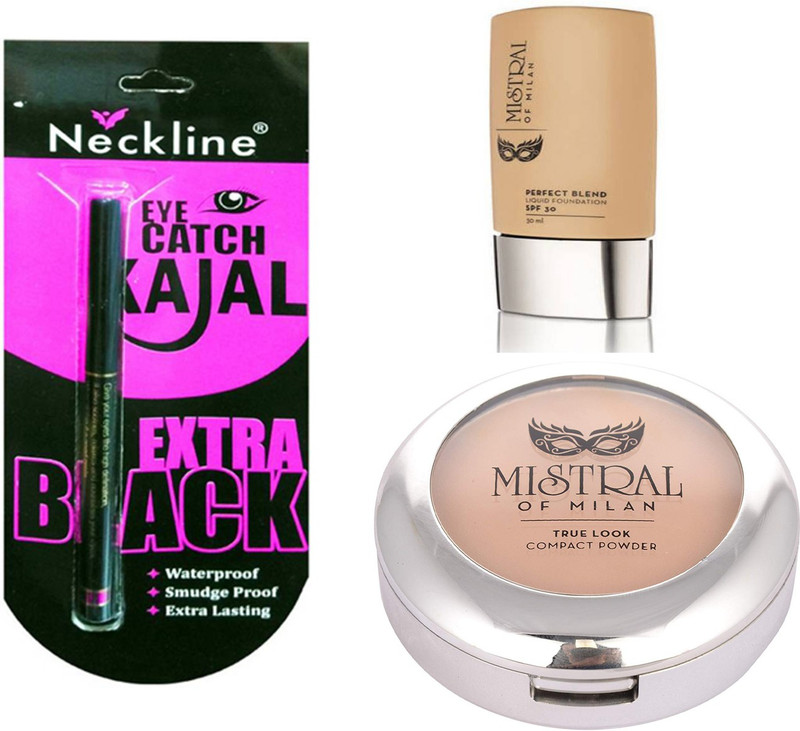 mistral of milan light amber foundation and amber compact with nackline kajal pack of 3(Set of 3)