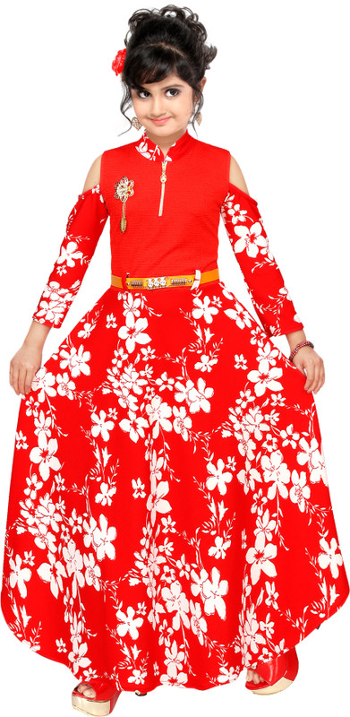 like dresses Indi Girls Maxi/Full Length Festive/Wedding Dress(Red, 3/4 Sleeve)