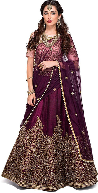 ethnic vila Embroidered, Embellished Semi Stitched Lehenga, Choli and Dupatta Set(Purple, Gold, Pink)