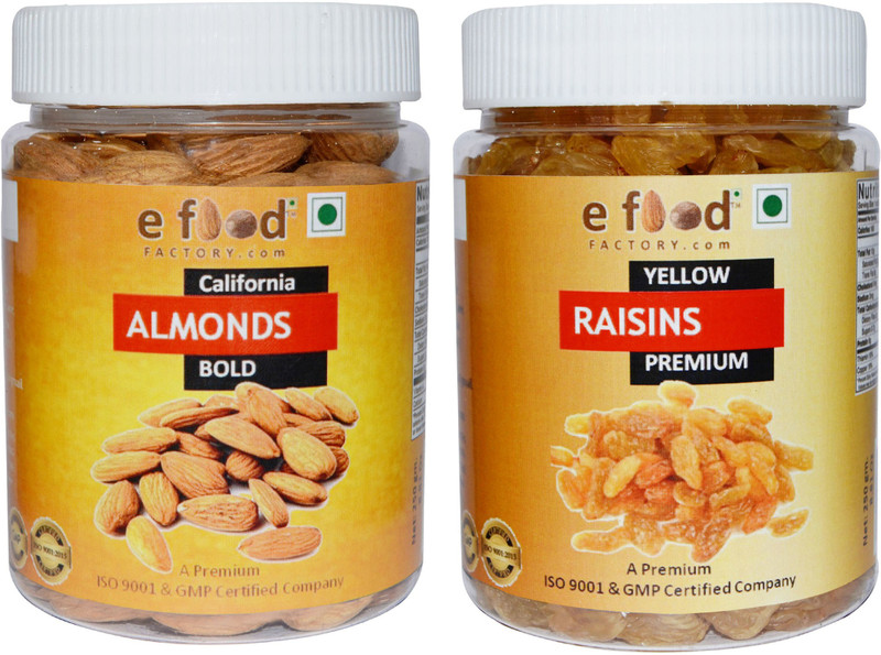 e food factory Almonds Bold & Yellow Kishmish Premium (250gm Each) In Pet Jar Almonds, Raisins(2 x 250 g)