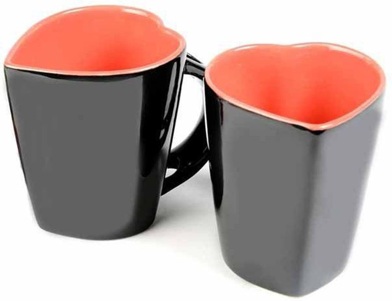 sawan shopping mart Heart-Shapeds With Spoon, Ceramic Coffee-100% Ceramic Ceramic Mug(250 ml, Pack of 2)