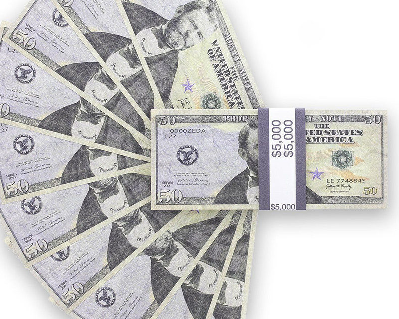 prop movie money Realistic Double Sided Prop Money - Set Of 100 $50 Dollar Bill Total $5000 With Black Currency Strap - Full Print Paper Cash For