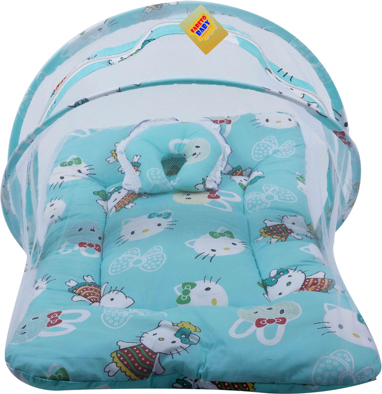 Fareto New Born Baby Cat Print Mattress with Mosquito Net & Sleeping Bag Combo (0-6 Months) Baby Bed Printed(Fabric, Pista Green)