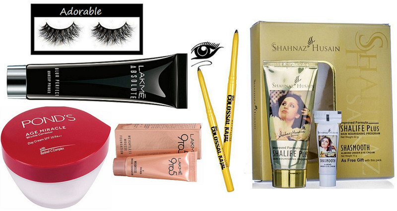 adorable Eyelashes,Shahnaz Husain Shalife plus cream,lakme weightless mousse foundation,Absolute blur perfect primer,maybelline the colossal kajal 2,ponds age miracle day cream.(Set of 7)