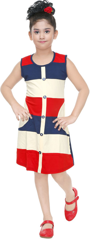 yashvi trends Girls Mini/Short Casual Dress(Multicolor, Sleeveless)