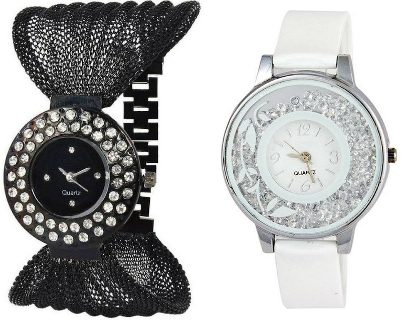 vk sales Black & White Quartz Analogue Watch | Fency White Dial | Wonderful | Combo Of 2 Watch | Case with Diamond | Fashion | Black Steel Belt | Casual | Party & Wedding Wear Analog Watch  - For Girls
