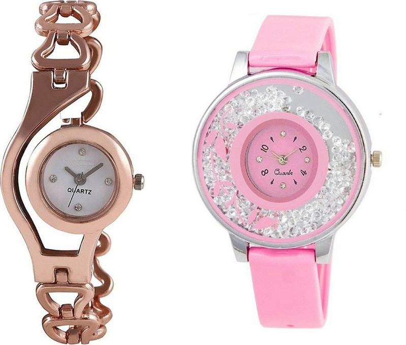 vk sales Bronze & Pink With Chain And Diamond New Watch | Leather & Steel Belt | Amazing Bronze steel & Pink Colored Belt | Stylish Dail | Professional Look | Casual | Party Wear Analog Watch  - For Girls
