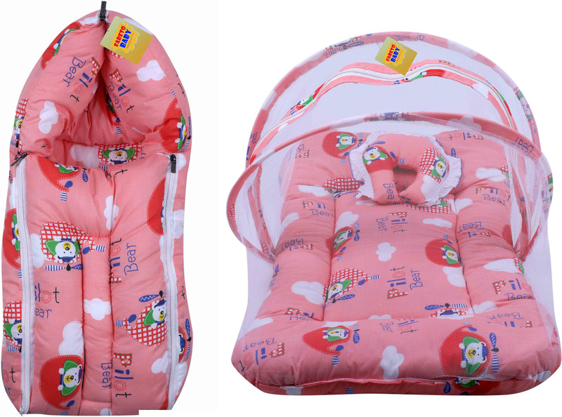 Fareto New Born Baby Cat Print Mattress with Mosquito Net & Sleeping Bag Combo (0-6 Months) Baby Bed Printed Peach(Fabric, Peach)