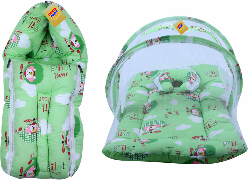 Fareto New Born Baby Cat Print Mattress with Mosquito Net & Sleeping Bag Combo (0-6 Months) Baby Bed Printed Green(Fabric, Green)
