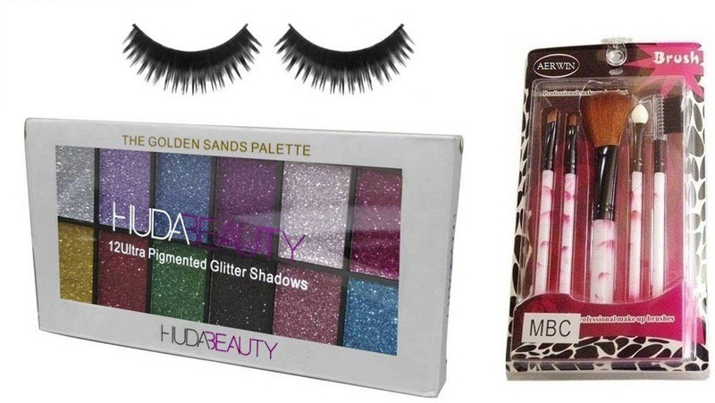 aerwin Make Up Brush Set Of 5 And Huda Beauty Glitter Sand Eye Shadow And High Quality Eyelash(4 Items in the set)